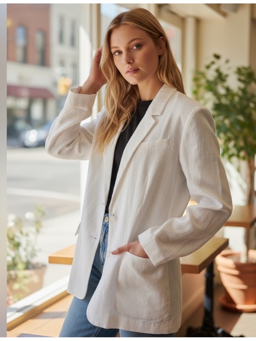 Abercrombie & Fitch Women's White Linen-Blend Single-Button Blazer - Picture 1 of 4